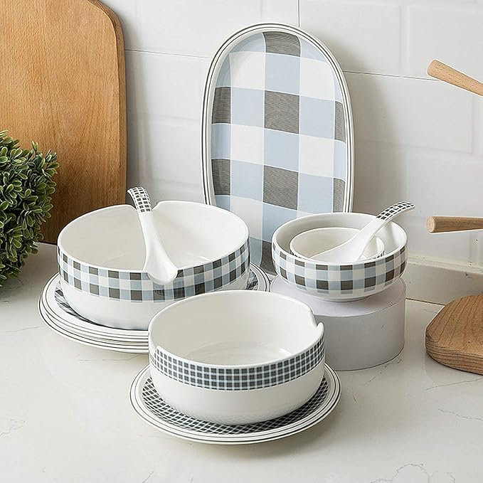Ceramics Dinner Sets 29 Pieces Plaid Low Bone China Dinnerware Set | Porcelain Cereal Bowl and Steak Plate for Housewarming Gift and Restaurant