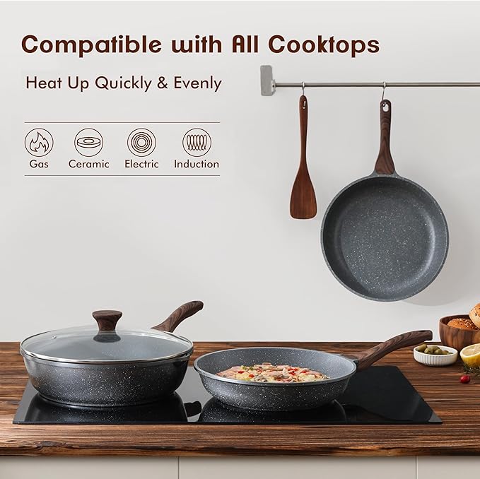SENSARTE Nonstick Frying Pan Skillets Swiss Granite Coating Omelette Pans Healthy Cookware Free of Intentionally Added PFOA (9.5 Inch Frying Pan and 5QT Saute Pan)