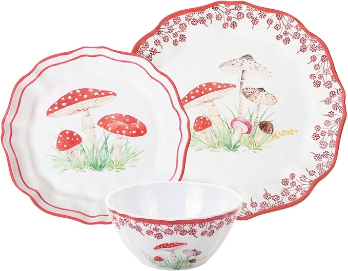 UPware 12 Piece Mushroom Melamine Dinnerware Sets Outdoor Dishes Set Plates and Bowls Sets Service for 4 Red