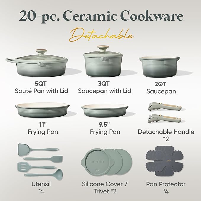 CAROTE 20Pcs Titanium Cookware Set Pots and Pans Set Non Stick Kitchen Cooking Set with Detachable Handle Non Toxic Induction Cookware Dishwasher/Oven Safe