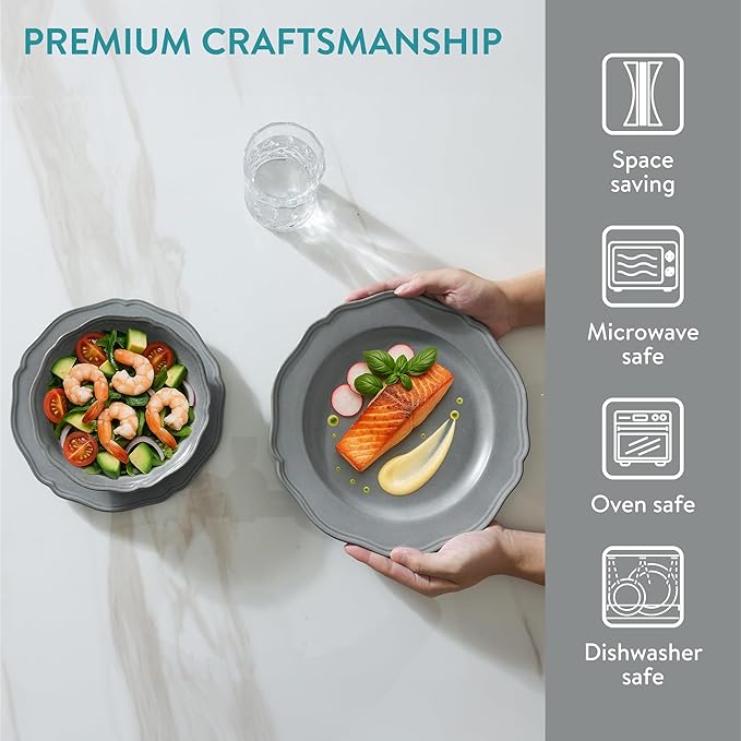 Navaris Scandi Style Porcelain Dinnerware Set - Ceramic Crockery Sets for 4 - Stackable Dishes with Dinner and Salad Plates Cereal Bowls - Dishwasher &amp Microwave Safe - 12pcs Grey