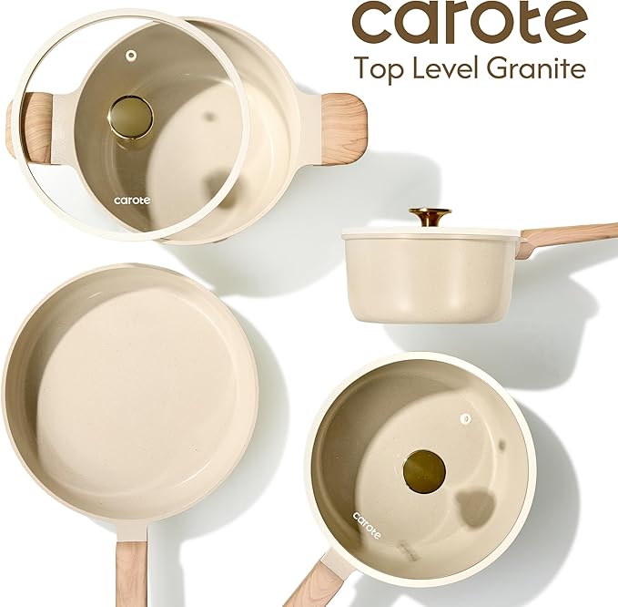 CAROTE 14Pcs Pots and Pans Set Non stick Ceramic Cookware Set Non-toxic Kitchen Cooking Set PFAS and PFOA Free
