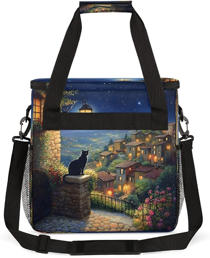 Light Night Scene Cat Flower Tree Coffee Maker Carring Bag Travel Carrying Storage Tote Bag Compatible with Keurig K-Mini or K-Mini Plus Portable Single Serve Coffee Brewer Case with Pockets