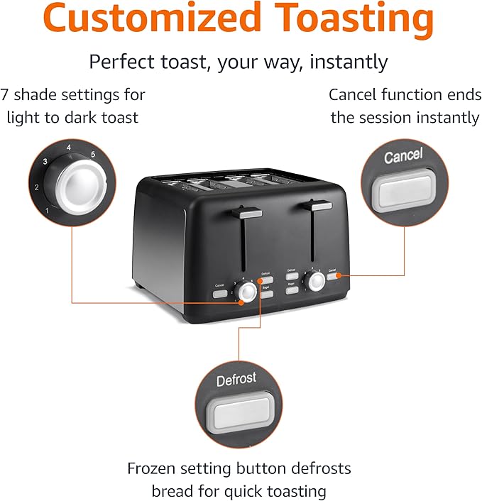 Amazon Basics 4 Slice Toaster 7 Browning Settings Extra Wide Slots for Bagels and Specialty Breads Removable Crumb Tray Cancel/Defrost/Bagel Buttons 1500W Black &amp Silver