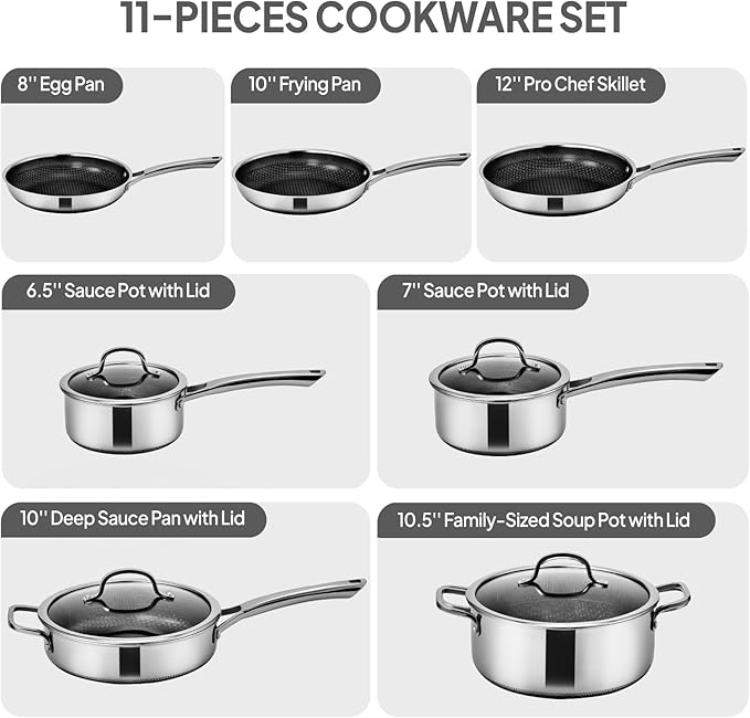Bonnlo 11 Pieces Cookware Set 3-Ply Stainless Steel Pots and Pans Set with Lids Non-Toxic Kitchen Set Oven &amp Dishwasher Safe Induction Cooking Set PFOA &amp PTFE Free