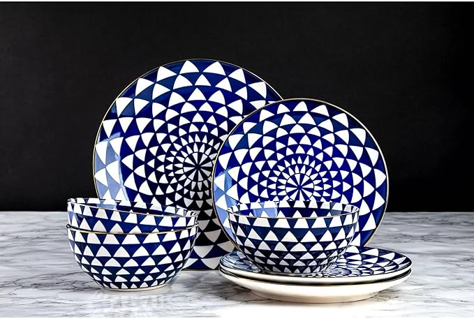 12-Piece Ceramic Dinnerware Set for 4 Plates and Bowls Microwave and Dishwasher Safe (Blue and White)