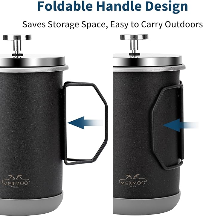 MERMOO YILAN Stainless Steel French Press Coffee Maker Manual Milk Frother 32oz for 4-6 Cup Foldable Handle Insulated Coffee Press Portable for Camping Home Use (Silver)