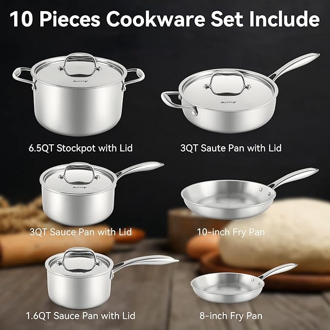 Duxtop Whole-Clad Tri-Ply Stainless Steel Induction Cookware Set 10PC Kitchen Pots and Pans Set