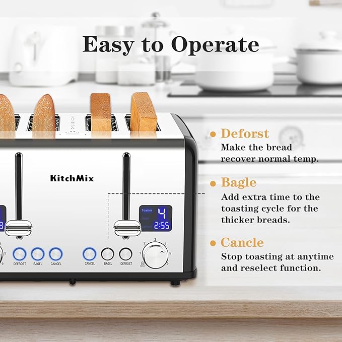 Toaster 4 Slice KitchMix Bagel Stainless Toaster with LCD Timer Extra Wide Slots Dual Screen Removal Crumb Tray (Black)