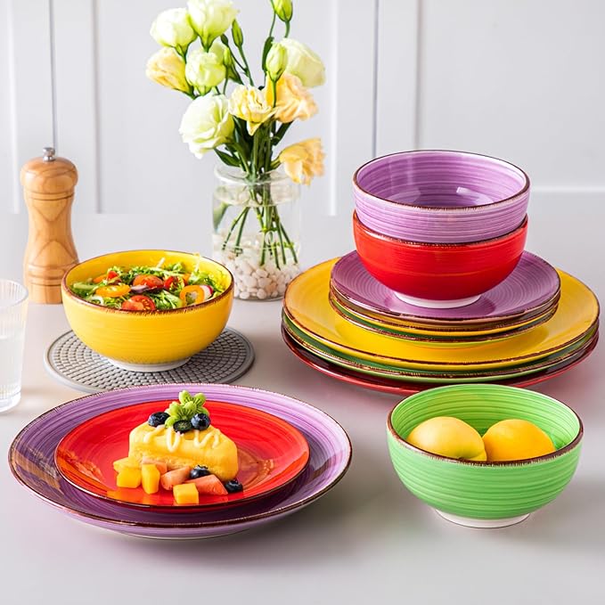 vancasso Bonita Dinnerware Set Muticolor Stoneware 12 Pieces Service for 4 Handpainted Spirals Pattern Stoneware Plates and Bowls Set