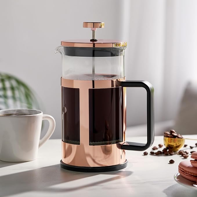Pinky Up Piper Tea Press Pot Coffee Maker French Press for Loose Leaf Tea and Coffee Hot or Iced Beverage Brewer 34 oz Rose Gold