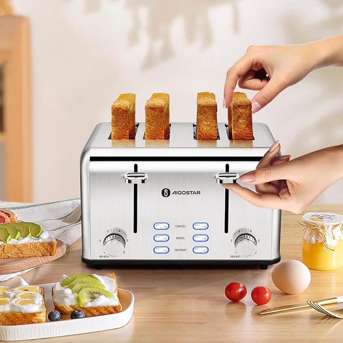 Aigostar Sandwich Maker Toaster 4 Slice 1.6 Wide Slot Stainless Steel Toasters with Bagel Reheat Cancel Defrost Function Panini Press Grill with Removable Non-stick Plates Grilled Cheese Maker