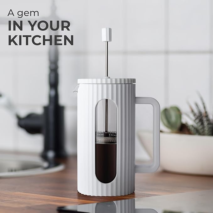 Kaffe French Press Coffee Maker (34oz / 1L) - Borosilicate Glass and BPA-Free Plastic Coffee Press - White - Lightweight Travel &amp Camping Coffee Maker
