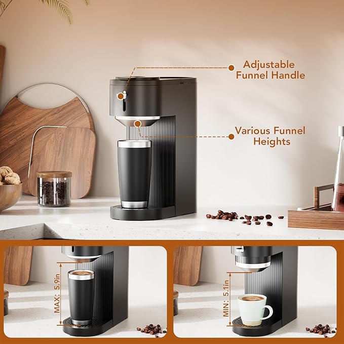 Single Serve Coffee Maker – Brew with Coffee Pods &amp Grounds Compatible with Kcup Coffee Pods Small Sizes Up to 6 8 10 12 14 Oz 14 Oz Water Reservoir Easy to Clean for Office Travel Home Black