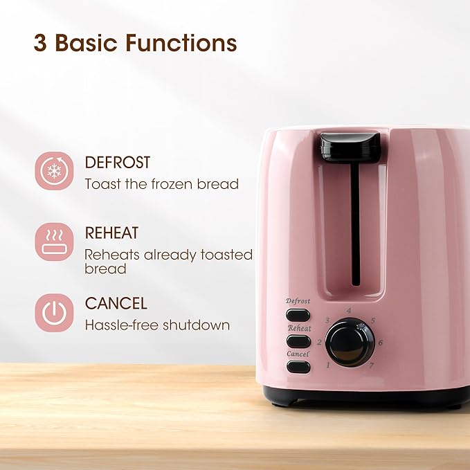 iSiLER 2 Slice Toaster 1.3 Inches Wide Slot Bagel Toaster with 7 Shade Settings and Double Side Baking Removable Crumb Tray Defrost Cancel Function Pink