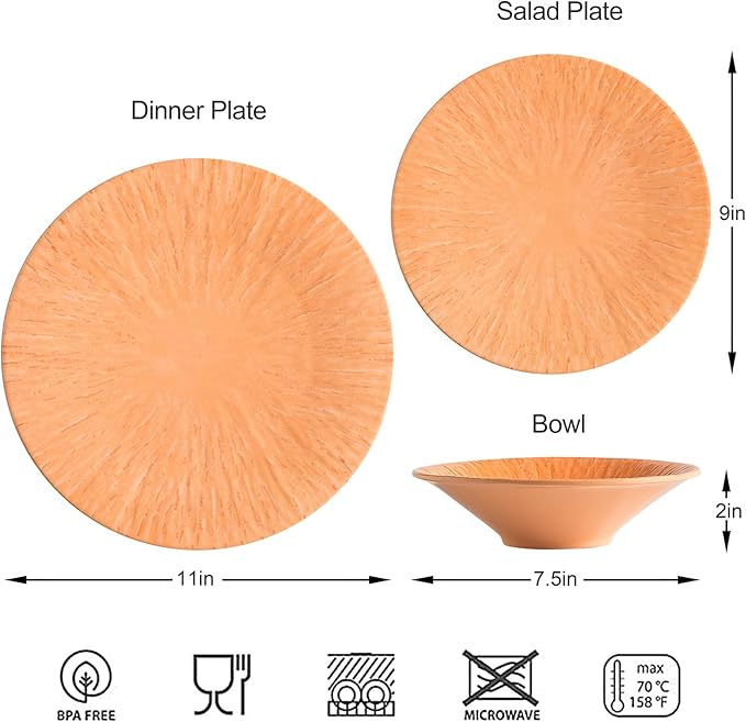 MissYIP 12 Pcs Dinner Set - Unbreakable Dishwasher Safe Plates &amp Bowls - Ideal for Parties &amp Camping (Orange)