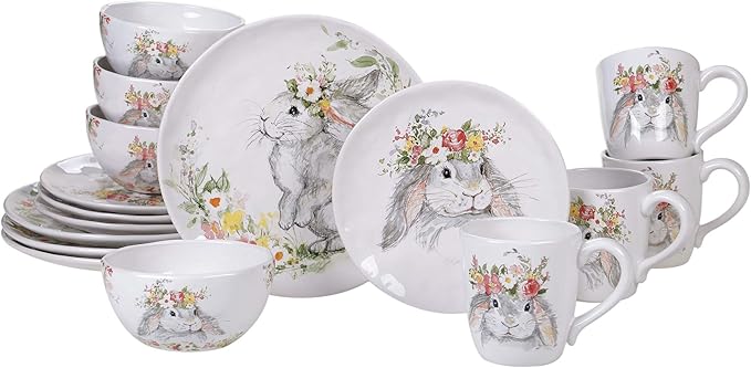 Sweet Bunny 16pc DINNERWARE SET for 4 Ceramic Easter Bunny Plates and Bowls Set Spring Tabletop Collection Durable Glazed Finish Dishwasher Safe Re-Mailer Packaging