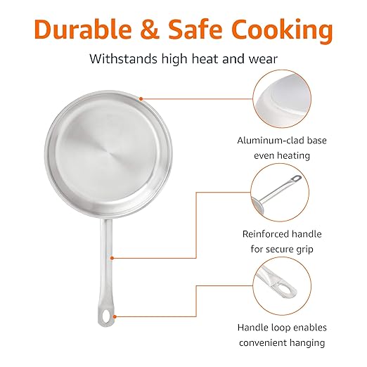 Amazon Basics 3-Piece Stainless Steel Aluminum-Clad Fry Pan Set Dishwasher Safe Induction Compatible Oven Safe to 500°F 8 9 1/2 and 12