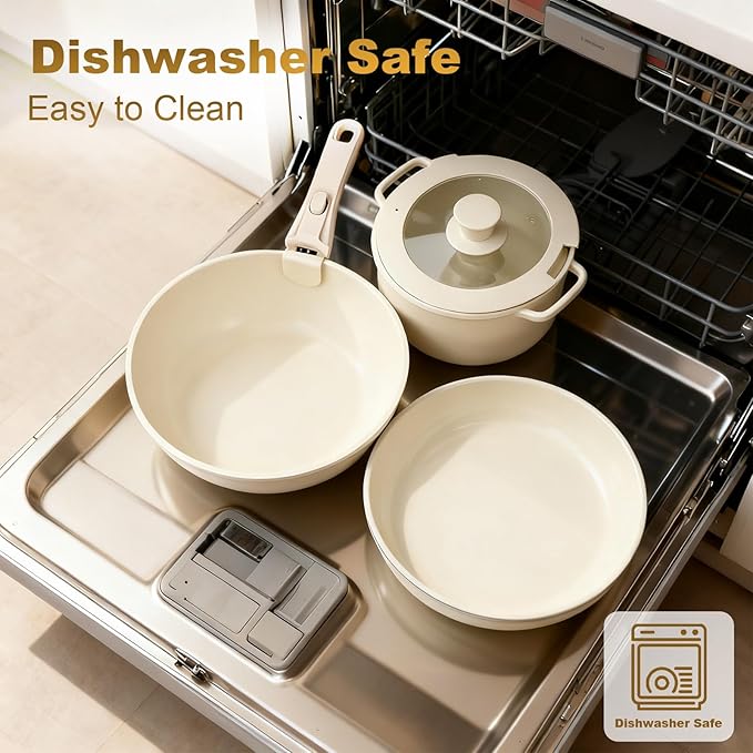 6-Piece Ceramic Cookware Set - Dishwasher Safe Nonstick Pots and Pans Set with 2 Lids and Detachable Handle Including 9inch Frying Pan 11inch Frying Pan 7inch Soup Pot All Stove Compatible