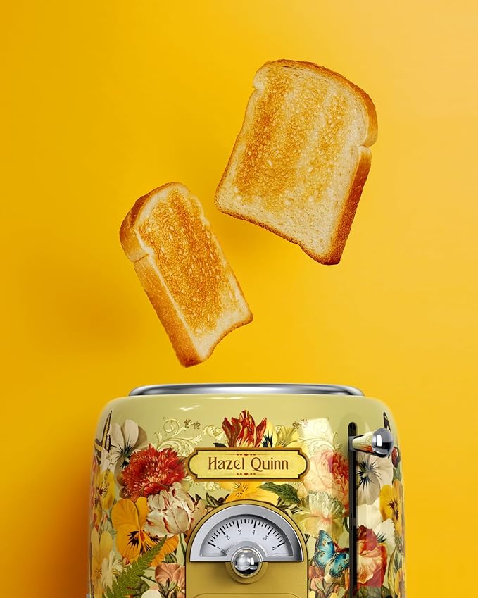 Hazel Quinn X Eduardo Recife Collaboration 2-Slice Retro Toaster 6 Browning Levels 3 Functions-Defrost/Reheat/Cancel Removable Crumb Tray for Easy to Clean 1.5 Inches Extra Wide Slots