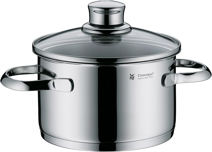WMF Cooking Pot Set 4 Pieces Polished Frying Pan Casserole Pot Sapphire Rim Glass Saucepan Lid Cromargan Stainless Steel Suitable for Induction Cookers Dishwasher Safe