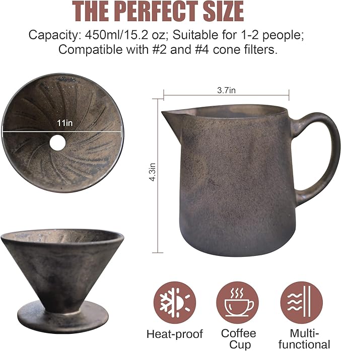 Ceramic Pour Over Coffee Maker Dripper - Uses Standard #2 &amp #4 Paper Filters 450ml/15oz Rusty Barista Style for Home &amp Office