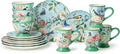Flora 16-Piece Dinnerware Set Service for 4 – Includes Dinner Plates Dessert Plates Pedestal Mugs and Pedestal Ice Cream Bowls with Vibrant Nature-Inspired Floral Designs