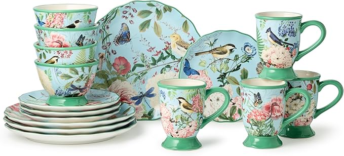 Flora 16-Piece Dinnerware Set Service for 4 – Includes Dinner Plates Dessert Plates Pedestal Mugs and Pedestal Ice Cream Bowls with Vibrant Nature-Inspired Floral Designs
