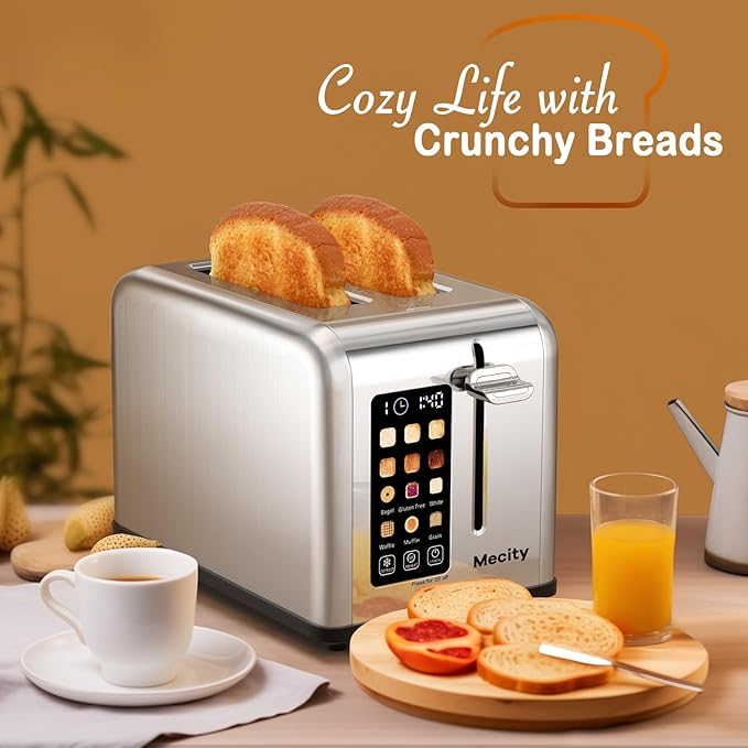 Mecity 2 Slice Toaster Touch Screen 1.5 Wide Slot Stainless Steel Smart Bread Toaster for Bagel Muffin Waffle Gluten Free Breads Timer Defrost Reheat 120V 825W