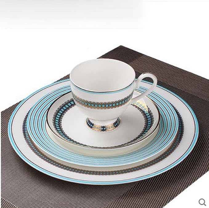 European Style Dinnerware Set Service for 6 Bone China Dinnerware Sets Unbreakable Porcelain Dinner Sets Coffee Cup and Saucer Tableware Set Steak Dinner Plates Dish Set Sky Blue Malang-3
