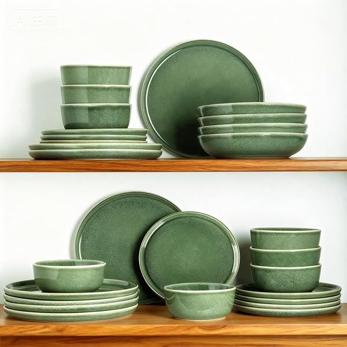 AmorArc Stoneware Dinnerware SetsRound Reactive Glaze Ceramic Plates and Bowls SetsHighly Scrath Resistant | Dishwasher &amp Microwave SafeService for 8 Dishes Set (24pc)