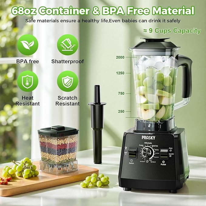 Blender Smoothie Blenders PRASKY Max.2400Watts/1000Watts Kitchen Blender and Grinder Combo 25000RPM Powerful Kitchen 68oz BPA Free 2 Containers Countertop Blenders Ice Crushing