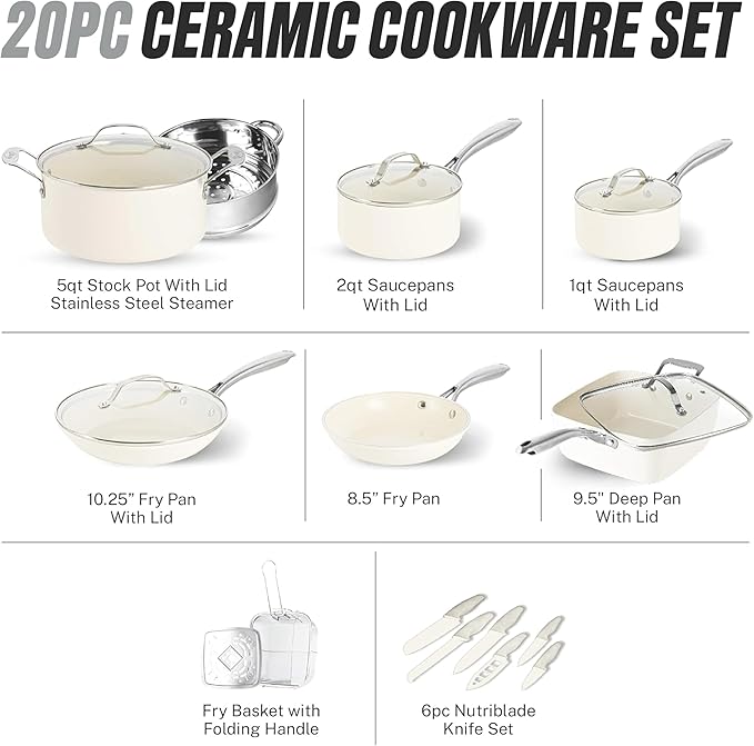 Gotham Steel 20pcs Pots and Pans Set Non Stick Ceramic Cookware Set with Deep Frying Pan Set &amp 6pc Knife Set Improved Ti-Cerama Coating Made without PFOA PFOS Lasts 2x Longer Oven &amp Dishwash