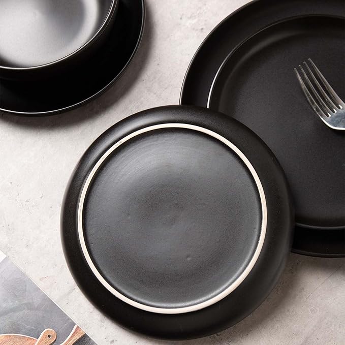 Plates and Bowls Sets 12 Pieces Stoneware Dinnerware Sets with Mugs Stackable Matte Glaze Kitchen Stoneware Plates and Bowls Set for 3 Microwave and Dishwasher Safe(Black)