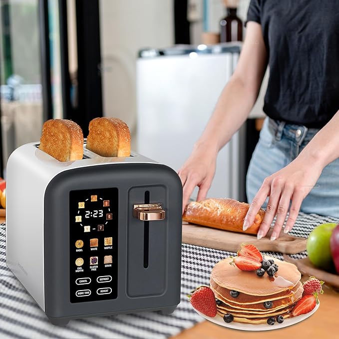 SEEDEEM Toaster 2 Slice Full Touch Control Stainless Toaster LCD Display 50% Faster Heating Speed 6 Bread Type 7 Shade Setting 1.5''Wide Slots Removable Crumb Tray 1350W Dark Chocolate