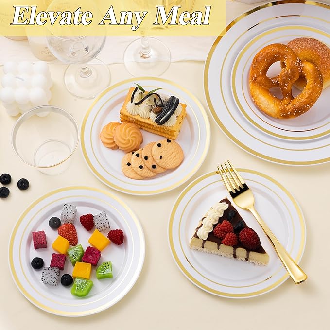 BESTSTAR 100PCS White Plastic Plates Set with Gold Rim 50 10.25 inch Heavy Duty Dinner Plate and 50 7.5 inch Dessert Appetizer Plates Premium Disposable Plates for Party Wedding Birthday