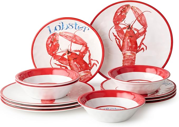 Beach House Lobster 12-Piece Melamine Dinnerware Set – Bold Coastal Charm Service for 4 Durable Lightweight and Dishwasher-Safe