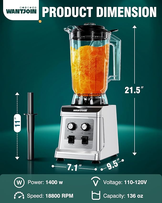WantJoin 136oz Commercial Blender – Heavy Duty 18800 RPM Professional Blender with Pure Copper Motor Multi-Speed Dishwasher Safe for Smoothies &amp Juices