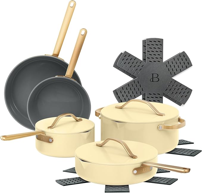 12-Piece Ceramic Non-Stick Cookware Set | Pots &amp Pans with Lids | PFOA-Free Ceramic Coating | Induction Compatible &amp Oven Safe | Gold Handles | Includes Protectors