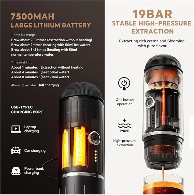 Heating Portable Coffee Machine Fit Capsule And Ground Travel Espresso Maker For Camping Office (Bianco)