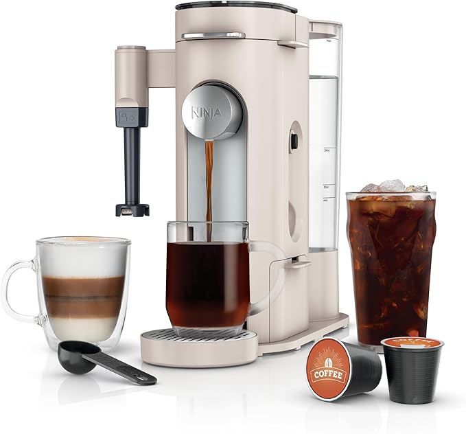 Ninja Pod &amp Grounds | Coffee Maker | XL Single-Serve | K-Cup Pod Compatible | Brews Grounds | Compact Design | Built-In Milk Frother | 68-oz. Reservoir 6-oz. Cup to 24-oz. Mug Sizes | Stone |PB05