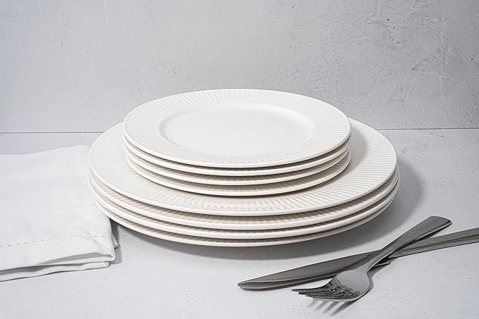 New Bone China 12 Piece Dinnerware Set Santorini Collection (Sun) White Daily Use China Embossed Tableware Service for 4
