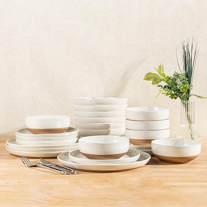 GBHOME 24-Piece Ceramic Dinnerware Set for 6 Handpainted Plates Pasta Bowls &amp Bowls Set with Rustic Terracotta Underside Scratch-Resistant Dishwasher &amp Microwave SafeSpeckled Glaze Beige