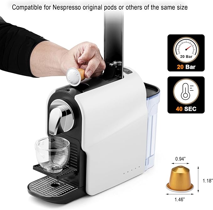 Espresso Pod Machine for Home Capsule Coffee Maker for NS Original Pods 20 Bar High Pressure Pump 22oz Removable Water Tank Adjustable Cup Tray 1350W