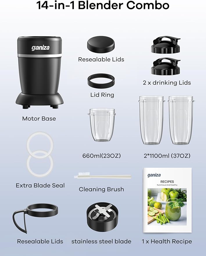Ganiza Blender for Smoothies 14 Pcs Smoothie Blender for Kitchen Max 1300W Portable Blenders for Shakes Ice Crushing Grinding &amp More with 2 X 37 oz 23 oz Cups Perfect for Home &amp On - the -