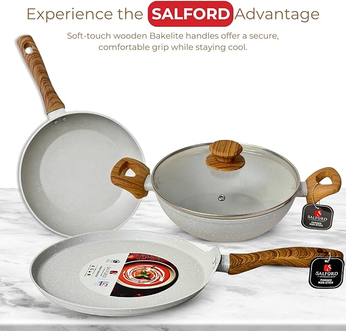 SALFORD Non-Stick Pots and Pans Cookware Set (3+1 piece)- Kitchen Cooking Sets Aluminium Deep Frying Pan + Skillet + Crepe pan Induction Compatible &amp Gas (PFOS PFOA Free)