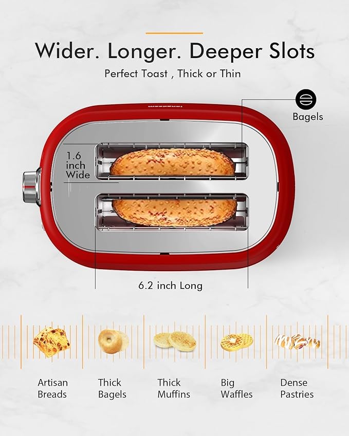LONGDEEM LD-T7014D - 2 Slice Toaster - Extra Wide Slots 6 Browning Settings Removable Crumb Tray Red