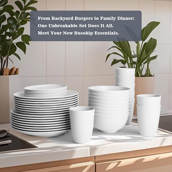 Wheat Straw Dinnerware Sets - 40 PCS Unbreakable Plates and Bowls Sets Service for 8 Kitchen Dishes Set Dinner Plates Cereal Bowls Cups Set Camping Dish Dishwasher &amp Microwave Safe - White
