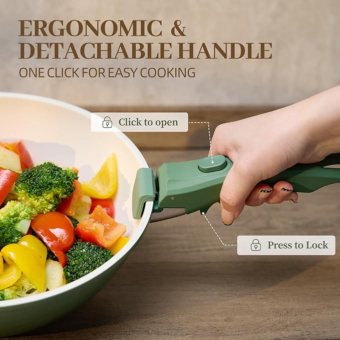 Ceramic Cookware Set 23Pcs Non Stick Pots and Pans Non Toxic with Detachable Handle Induction Kitchen Cookware Set Space Saving Oven &amp Dishwasher Safe Forest Green