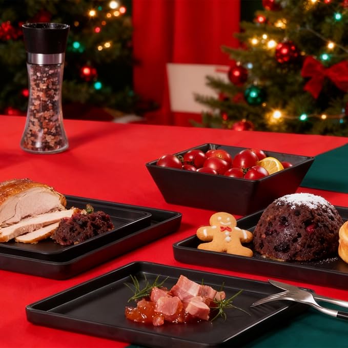 Melamine Dinnerware Sets - 12pcs Square Plates and Bowls Set Dishes Set Black